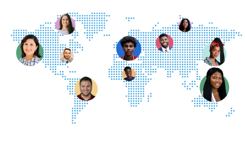 map of the world with students faces in different locations